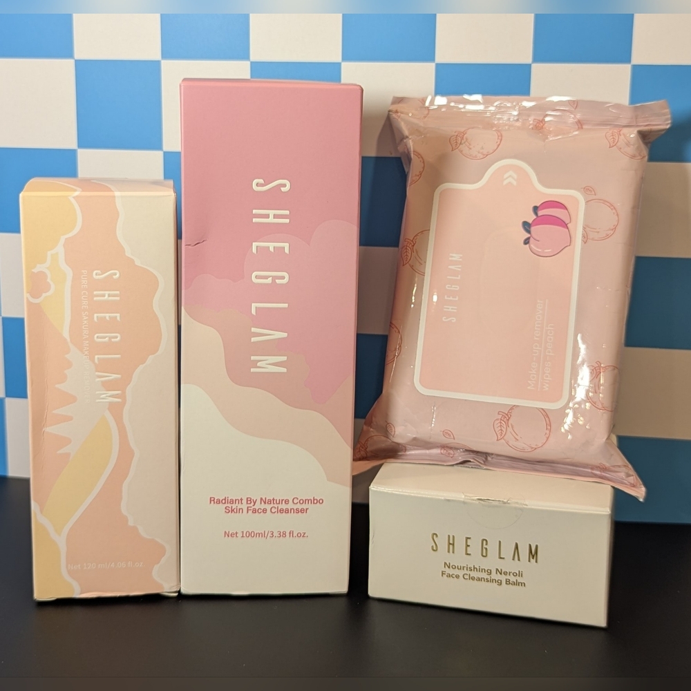 SHEGLAM 4pc Cleanser Makeup Remover & Nourishing Balm & Peach Wipes Bundle New!